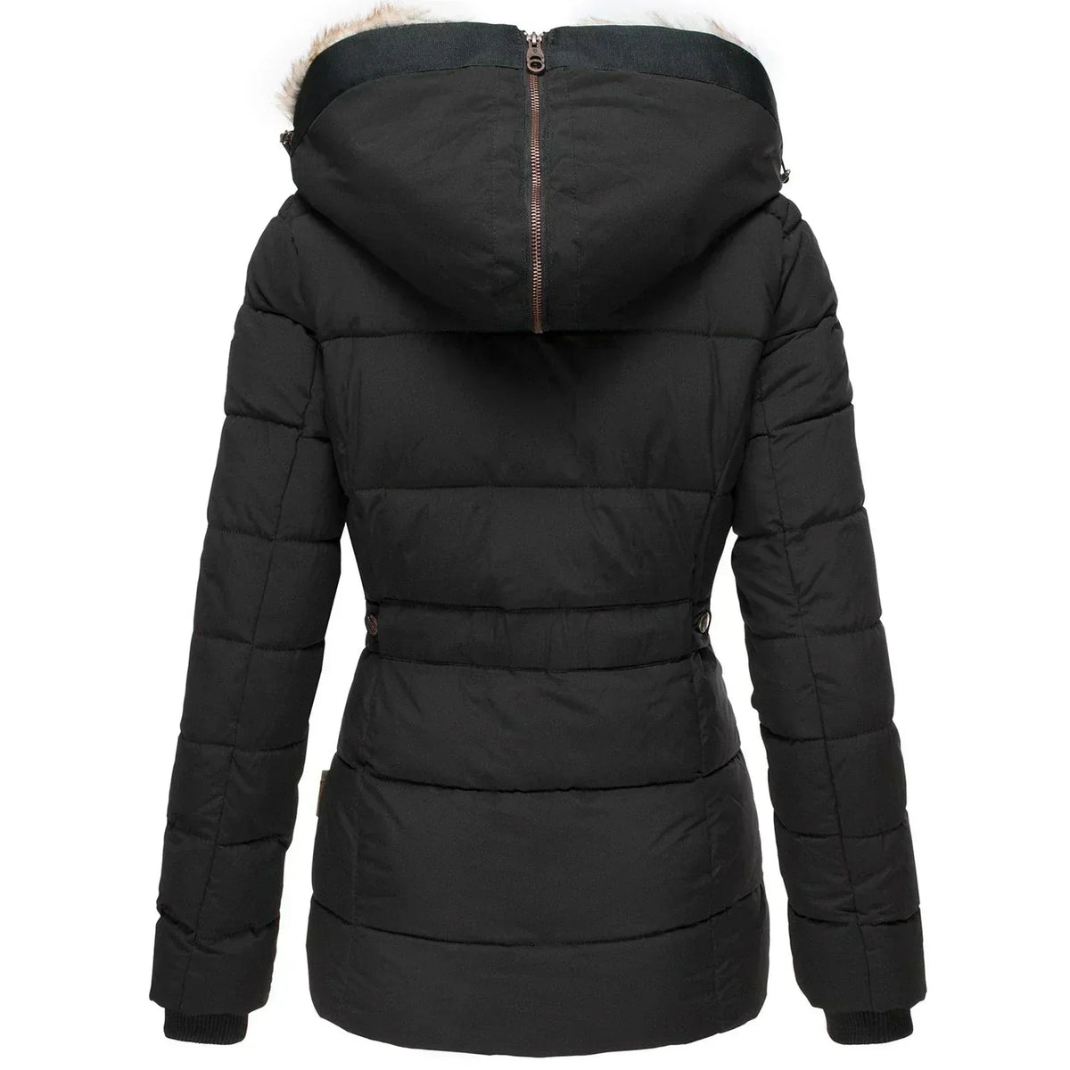 Women's Puffer Jacket with Quilted Panels and Hood | Faux Fur Trim, Fitted Cut, Knit | For Winter | Size S-5XL