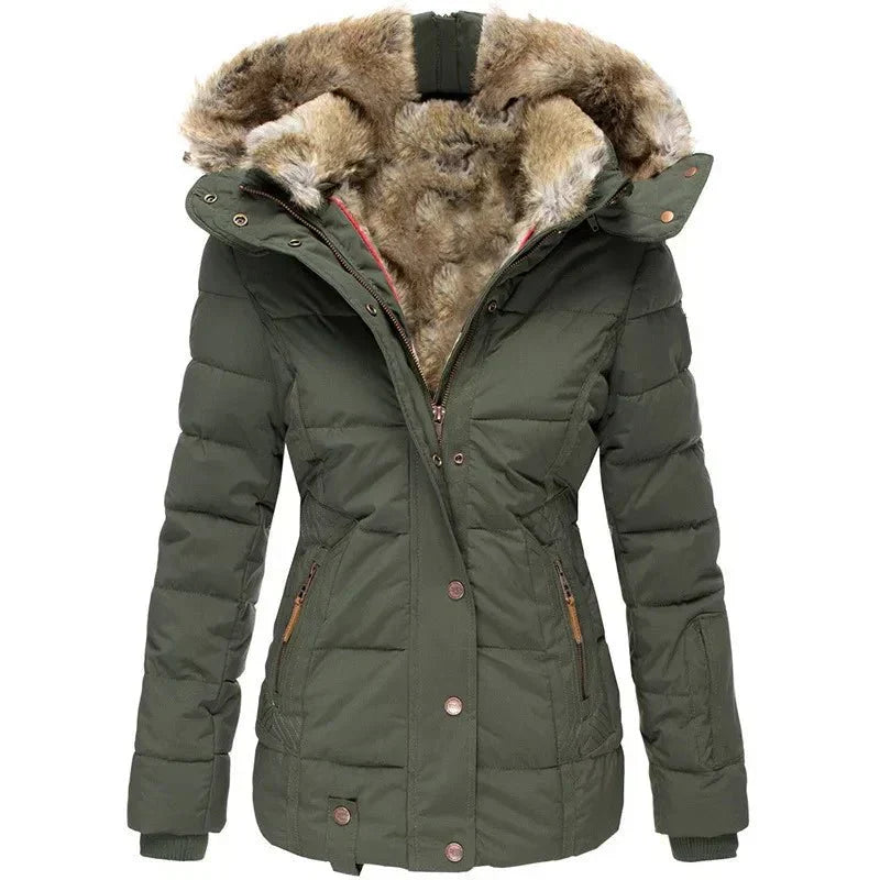 Women's Puffer Jacket with Quilted Panels and Hood | Faux Fur Trim, Fitted Cut, Knit | For Winter | Size S-5XL