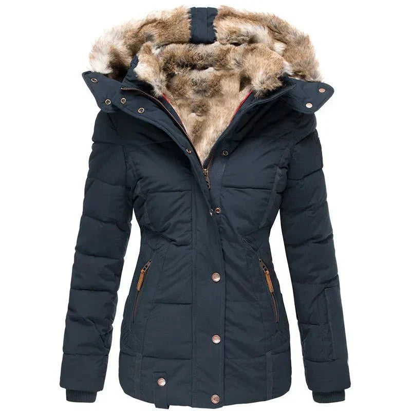Women's Puffer Jacket with Quilted Panels and Hood | Faux Fur Trim, Fitted Cut, Knit | For Winter | Size S-5XL