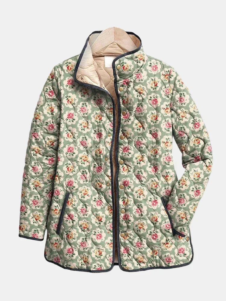 Women's Wrap Front Quilted Jacket with Green Floral Print | Padded Layer with Stand Collar and Full Zip | Size S-3XL