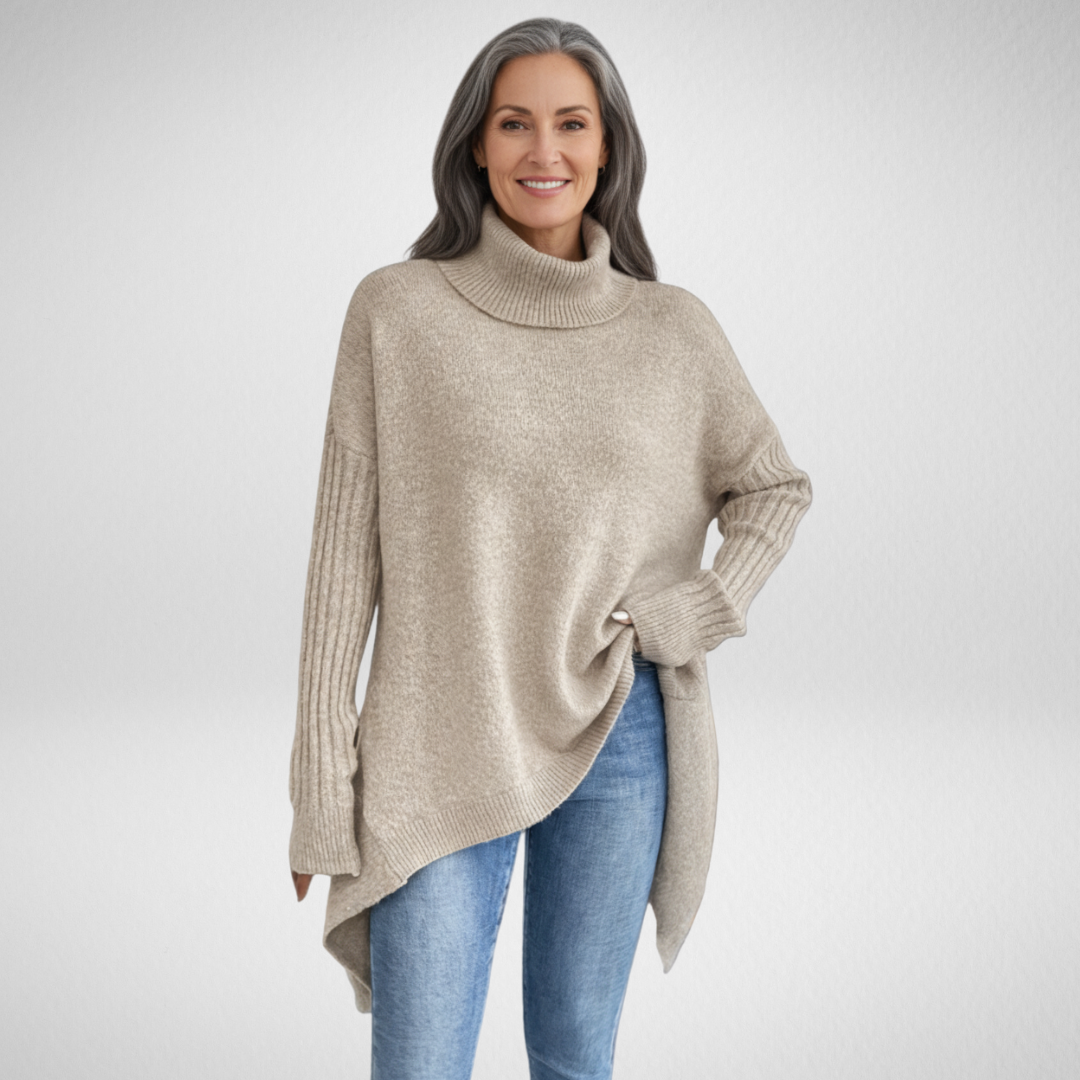 Women's Oversized Turtleneck Sweater | Asymmetric Hem, Ribbed Cuffs and Roll Neck for Fall | Size XS-3XL, 5 Colors