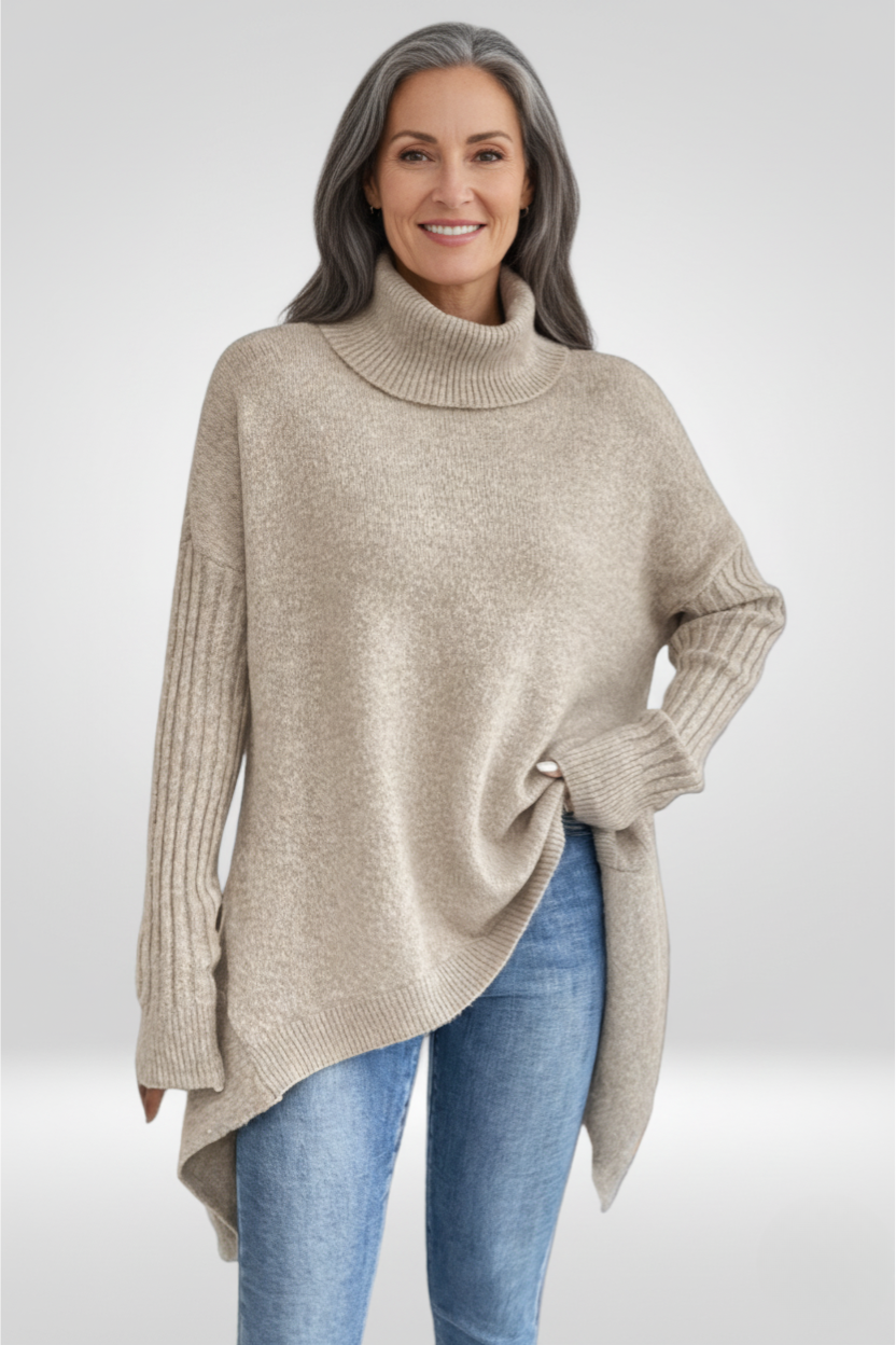 Women's Oversized Turtleneck Sweater | Asymmetric Hem, Ribbed Cuffs and Roll Neck for Fall | Size XS-3XL, 5 Colors