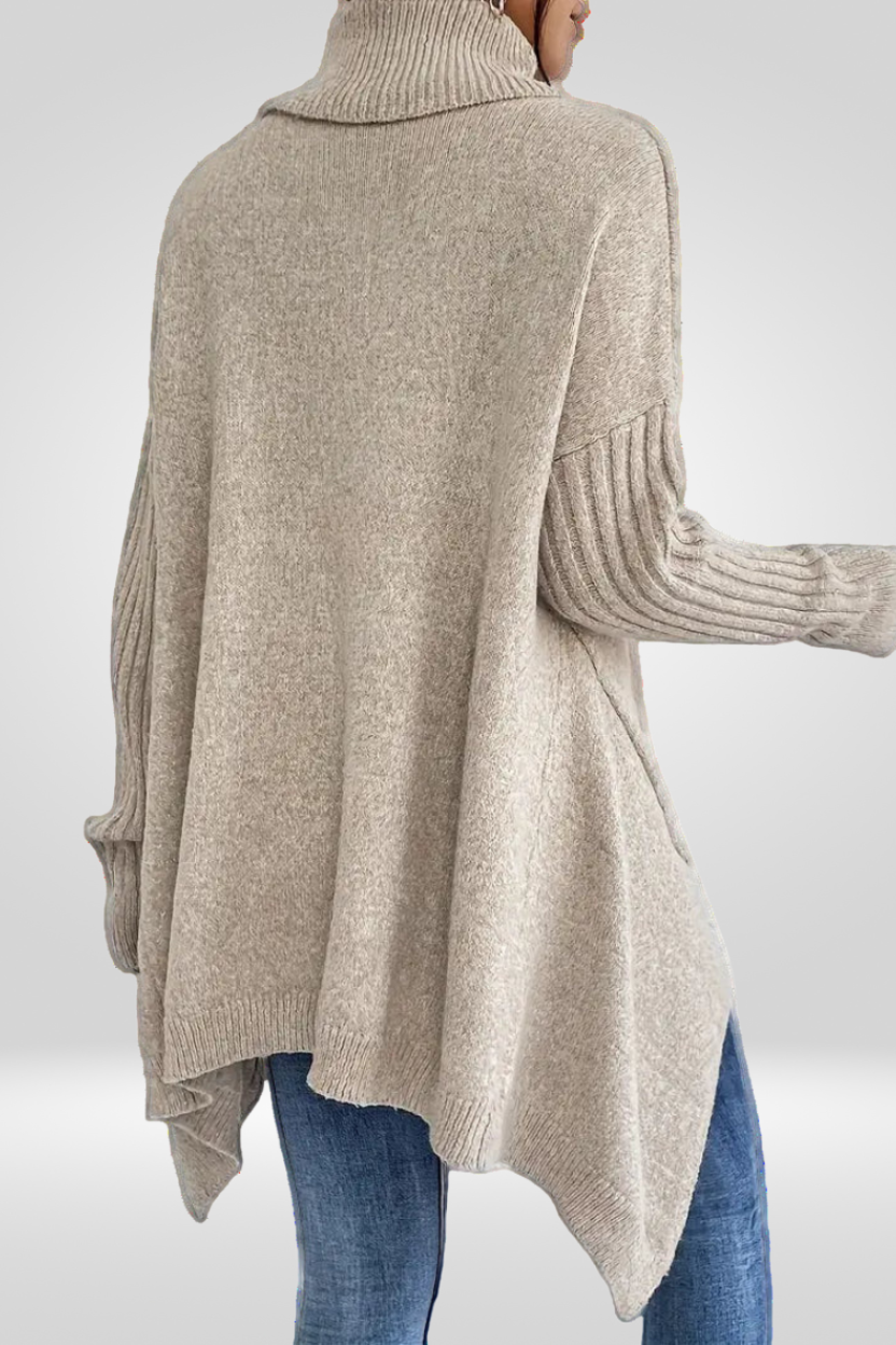 Women's Oversized Turtleneck Sweater | Asymmetric Hem, Ribbed Cuffs and Roll Neck for Fall | Size XS-3XL, 5 Colors