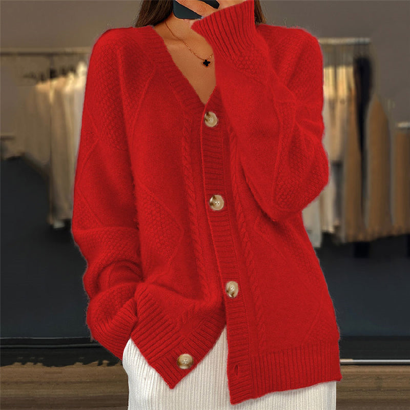 Women's Cable Knit V-Neck Cardigan Sweater with Button Front | Oversized Fall and Winter Layer | Size S-XL
