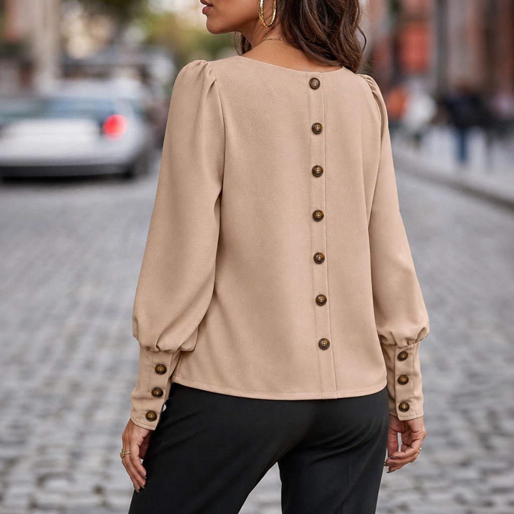 Women's Puff Sleeve Blouse in Lightweight Polyester | Round Neckline, Back Button Detail | Sizes S to 2XL, 4 Colors