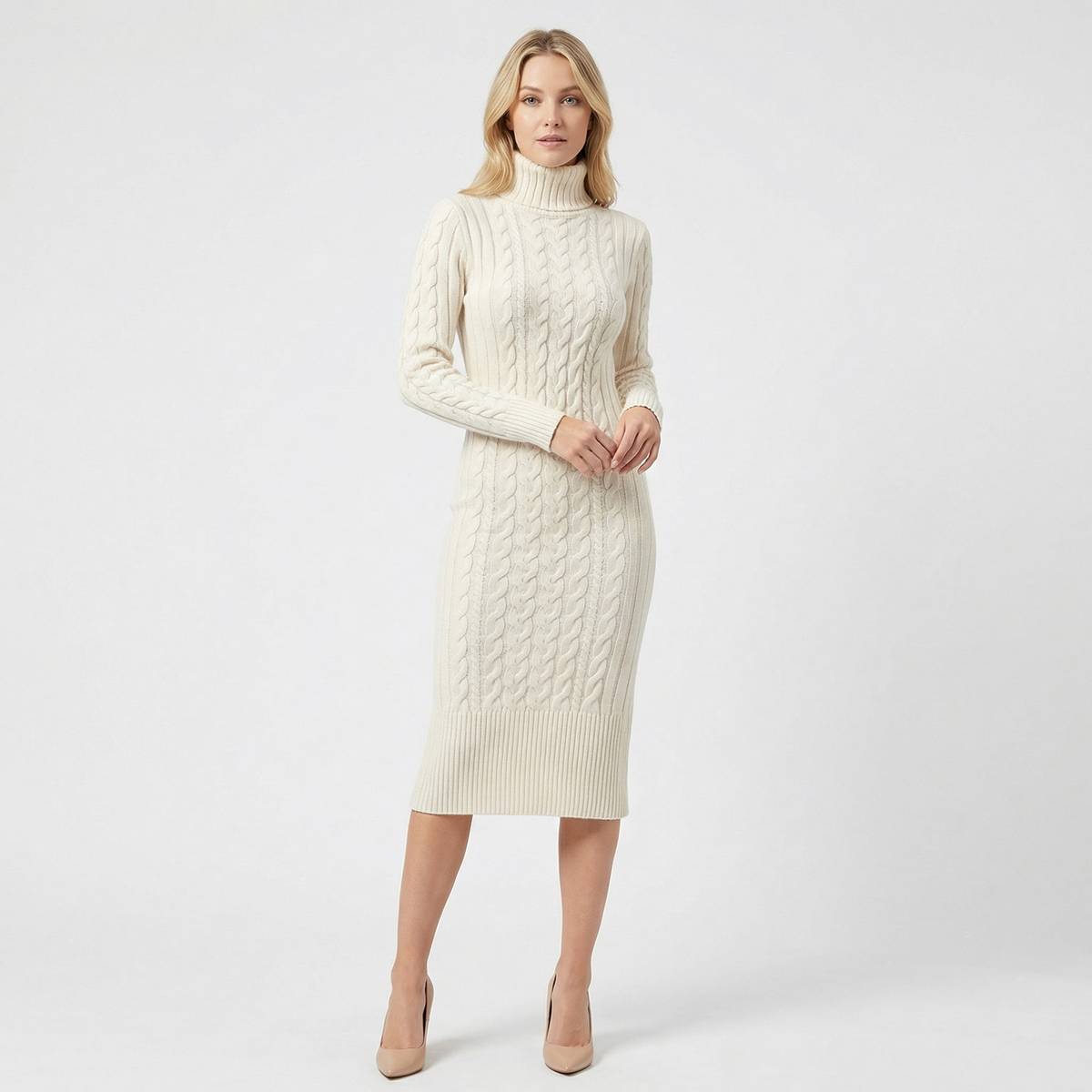 Women's Midi Sweater Dress in Cable Knit | Turtleneck, Long Sleeves, Fitted Column Shape | Sizes S-L, 9 Colors