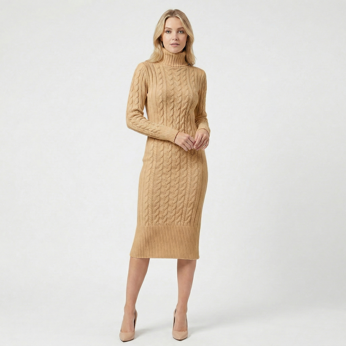 Women's Midi Sweater Dress in Cable Knit | Turtleneck, Long Sleeves, Fitted Column Shape | Sizes S-L, 9 Colors
