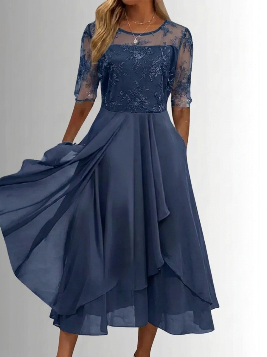 Women's Lace Dress with Layered Skirt for Wedding Guests | Fitted Bodice, Closed Back, Breathable Lightweight Fabric | Size S-3XL