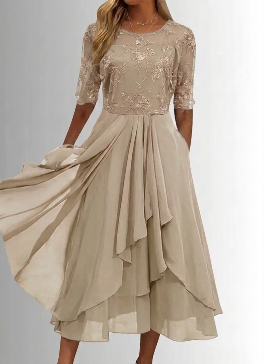 Women's Lace Dress with Layered Skirt for Wedding Guests | Fitted Bodice, Closed Back, Breathable Lightweight Fabric | Size S-3XL