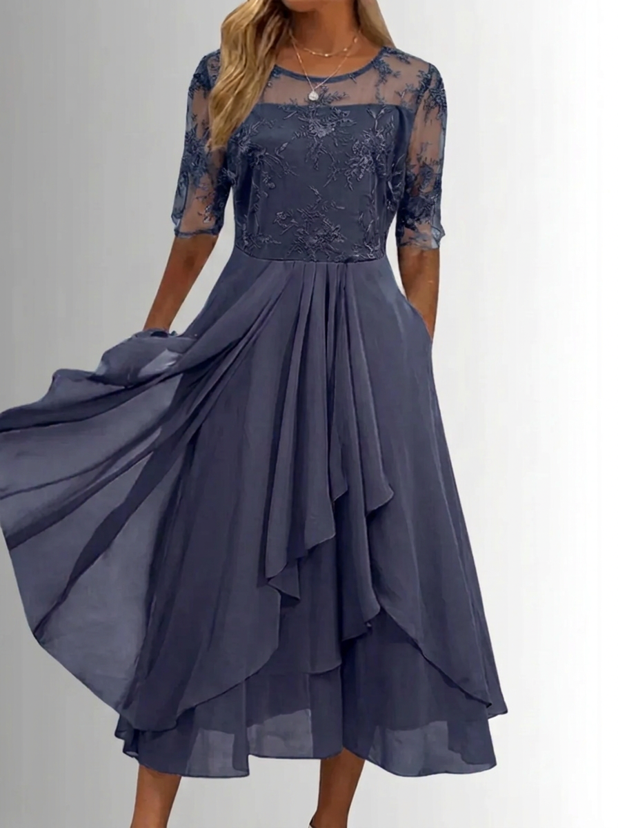 Women's Lace Dress with Layered Skirt for Wedding Guests | Fitted Bodice, Closed Back, Breathable Lightweight Fabric | Size S-3XL