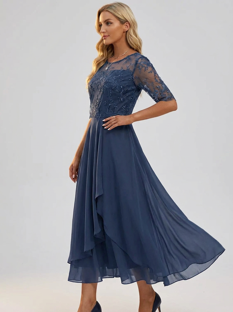 Women's Lace Dress with Layered Skirt for Wedding Guests | Fitted Bodice, Closed Back, Breathable Lightweight Fabric | Size S-3XL