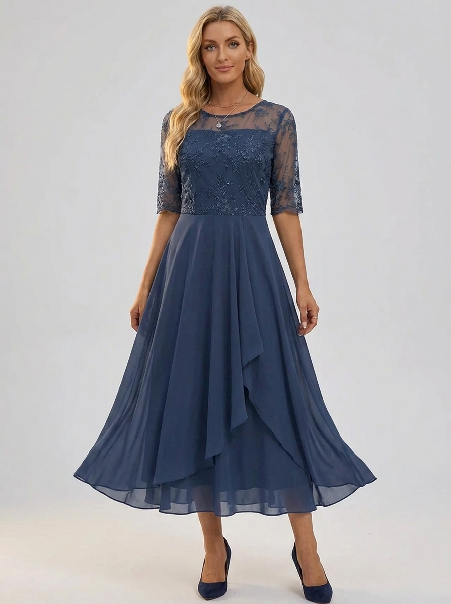Women's Lace Dress with Layered Skirt for Wedding Guests | Fitted Bodice, Closed Back, Breathable Lightweight Fabric | Size S-3XL