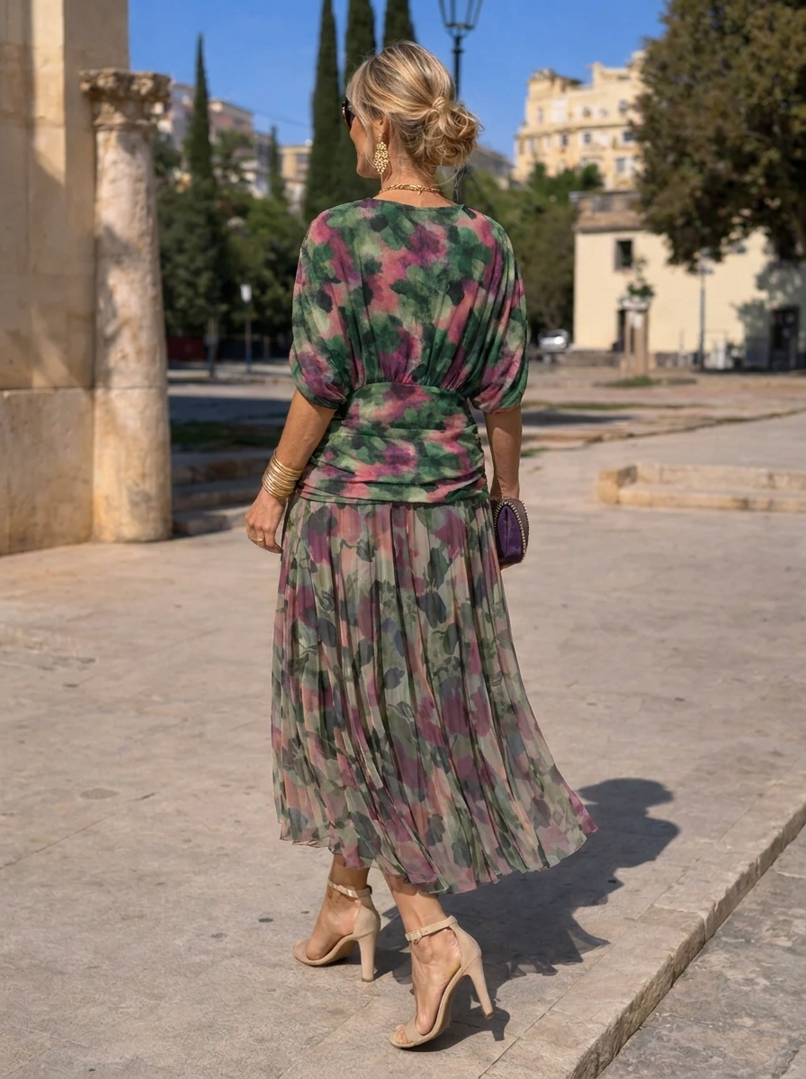 Women's Flowy V Neck Maxi Dress with Sleeves and Pleated Waist | Formal Wedding Guest Outfit for Celebrations | Size S-4XL