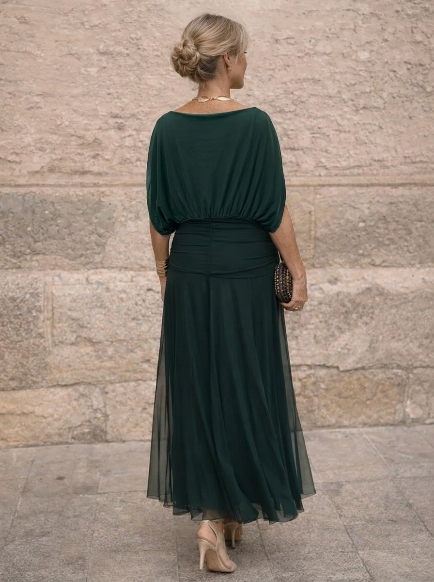Women's Flowy V Neck Maxi Dress with Sleeves and Pleated Waist | Formal Wedding Guest Outfit for Celebrations | Size S-4XL