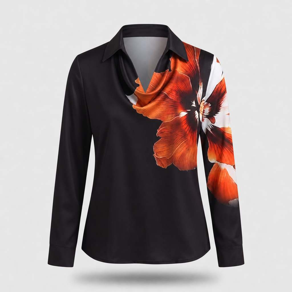 Women's Satin-Finish Cowl Neck Blouse with Collar | Long Sleeves, Relaxed Drape | Sizes XS to 3XL, 8 Colors