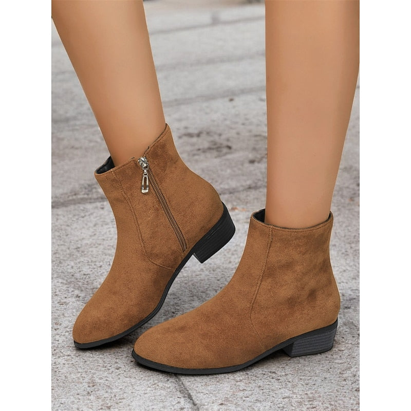 Women's Boots with Block Heel and Ankle Height | Zip Closure | Size 6-10.5 | Brown, Green, Black
