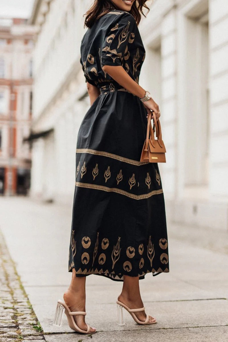 Kaitlyn | Women's Boho Printed Belted Long Sleeve Midi Dress
