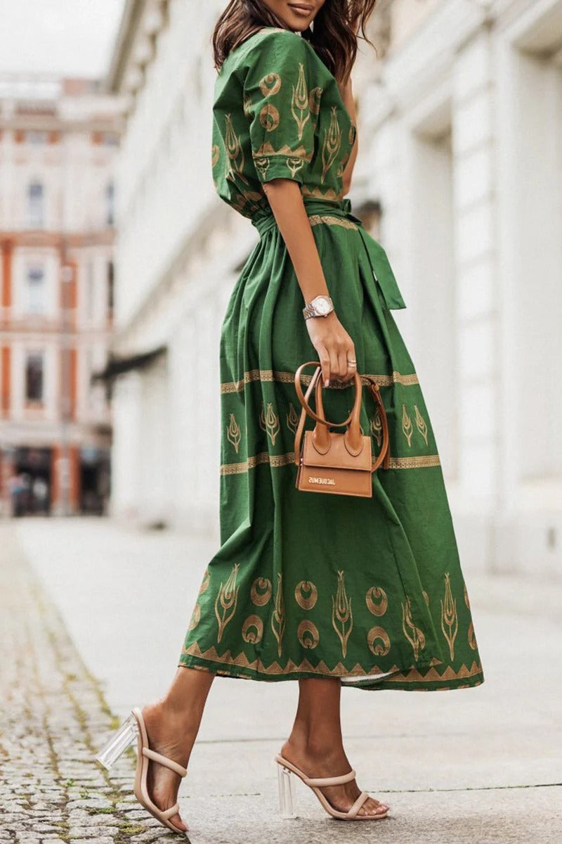 Kaitlyn | Women's Boho Printed Belted Long Sleeve Midi Dress