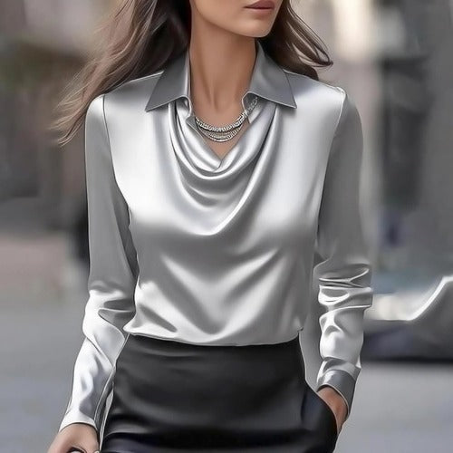 Women's Satin-Finish Cowl Neck Blouse | Long Sleeve, Structured Cuffs and Collar | Sizes XS to 3XL, Multiple Colors