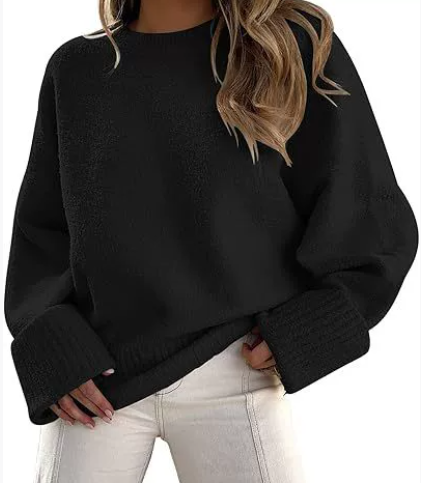 Women's Plush Knit Sweater with Crew Neck and Drop Shoulders | Relaxed Fit, Wide Ribbed Cuffs and Hem | Size S-XL