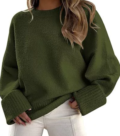Women's Plush Knit Sweater with Crew Neck and Drop Shoulders | Relaxed Fit, Wide Ribbed Cuffs and Hem | Size S-XL