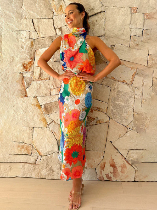 Floral Halter Neck Midi Dress with Fitted Waist