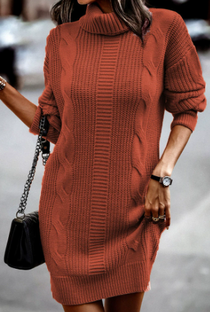 Women's Turtleneck Sweater Dress in Cable Knit | Straight Cut, Long Sleeves, 100% Polyester | Sizes S-2XL, 4 Colors