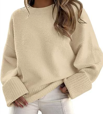 Women's Plush Knit Sweater with Crew Neck and Drop Shoulders | Relaxed Fit, Wide Ribbed Cuffs and Hem | Size S-XL
