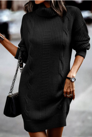 Women's Turtleneck Sweater Dress in Cable Knit | Straight Cut, Long Sleeves, 100% Polyester | Sizes S-2XL, 4 Colors