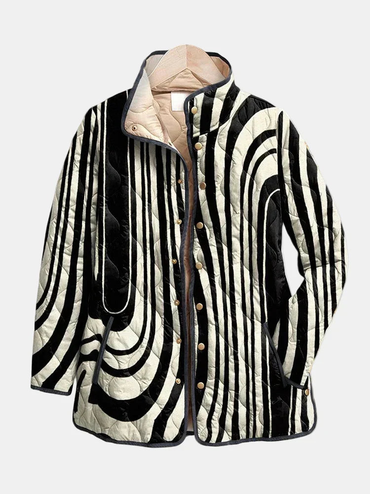 Women's Oversized Quilted Jacket with Black and White Swirl Print | Padded Zip Front Layer with Stand Collar | Size S-3XL