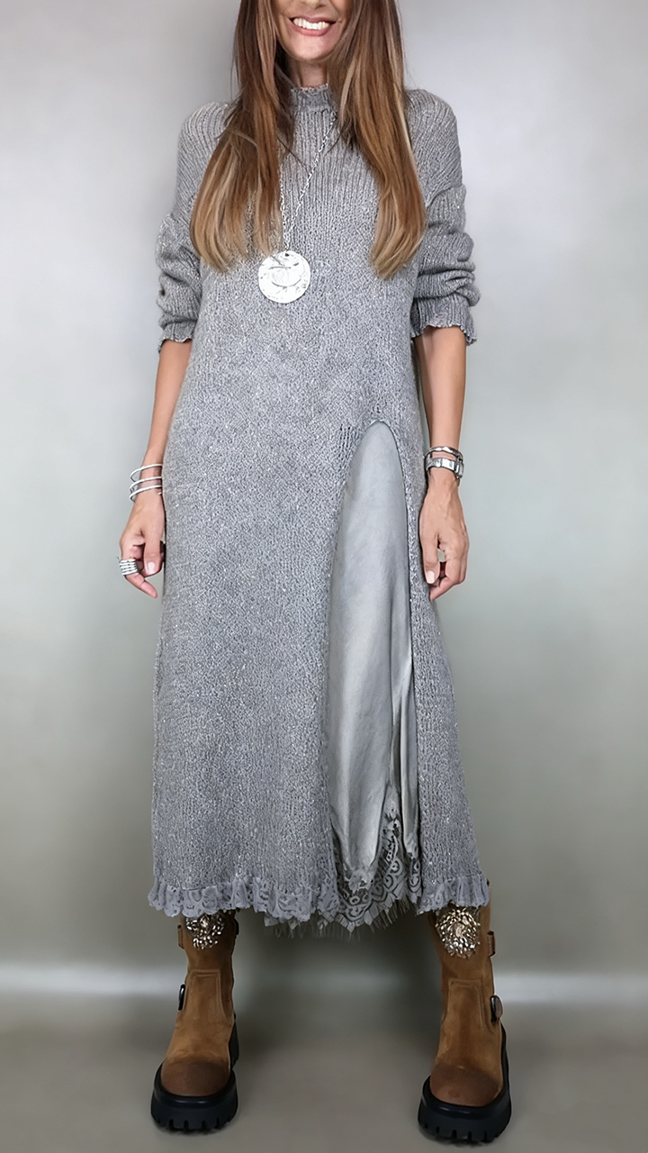 Women's Knit Two Piece Set with Mock Neck Sweater | Flowing Slip Dress, Lace Hem, Midi Length | Sizes S-3XL, 5 Colors