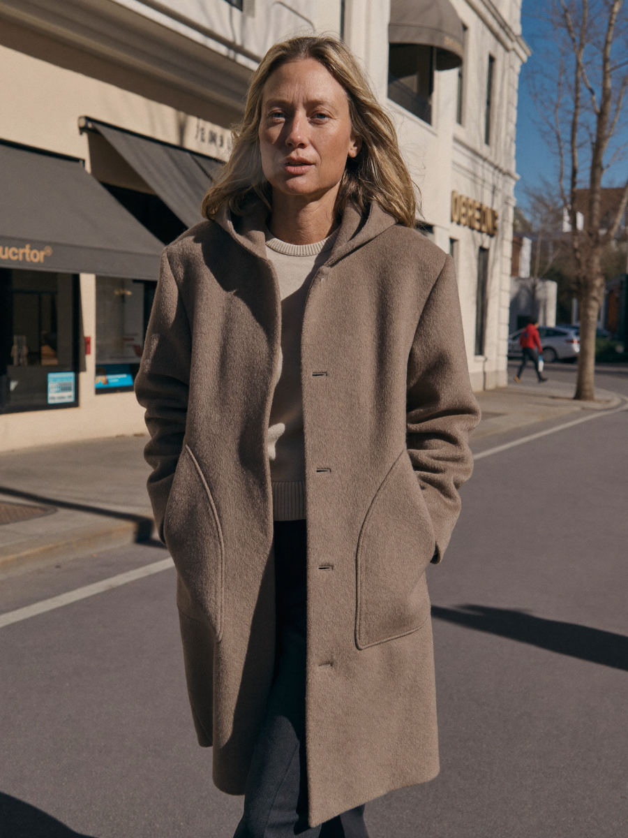 "Claire in our hooded wool coat"
