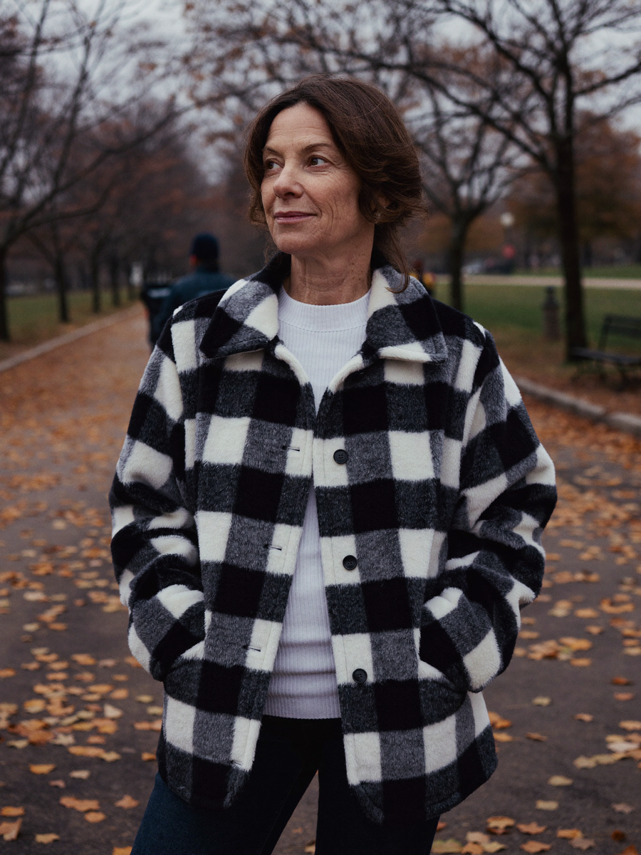 "Ellen in our plaid shacket"