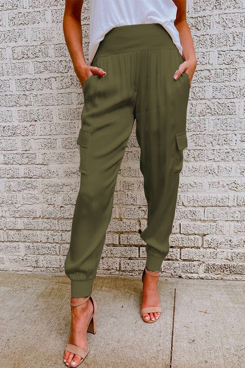 Women's High Waisted Cargo Pants with Elastic Cuffs | Side Pockets in a Relaxed Fit | Size S-XL, 3 Colors