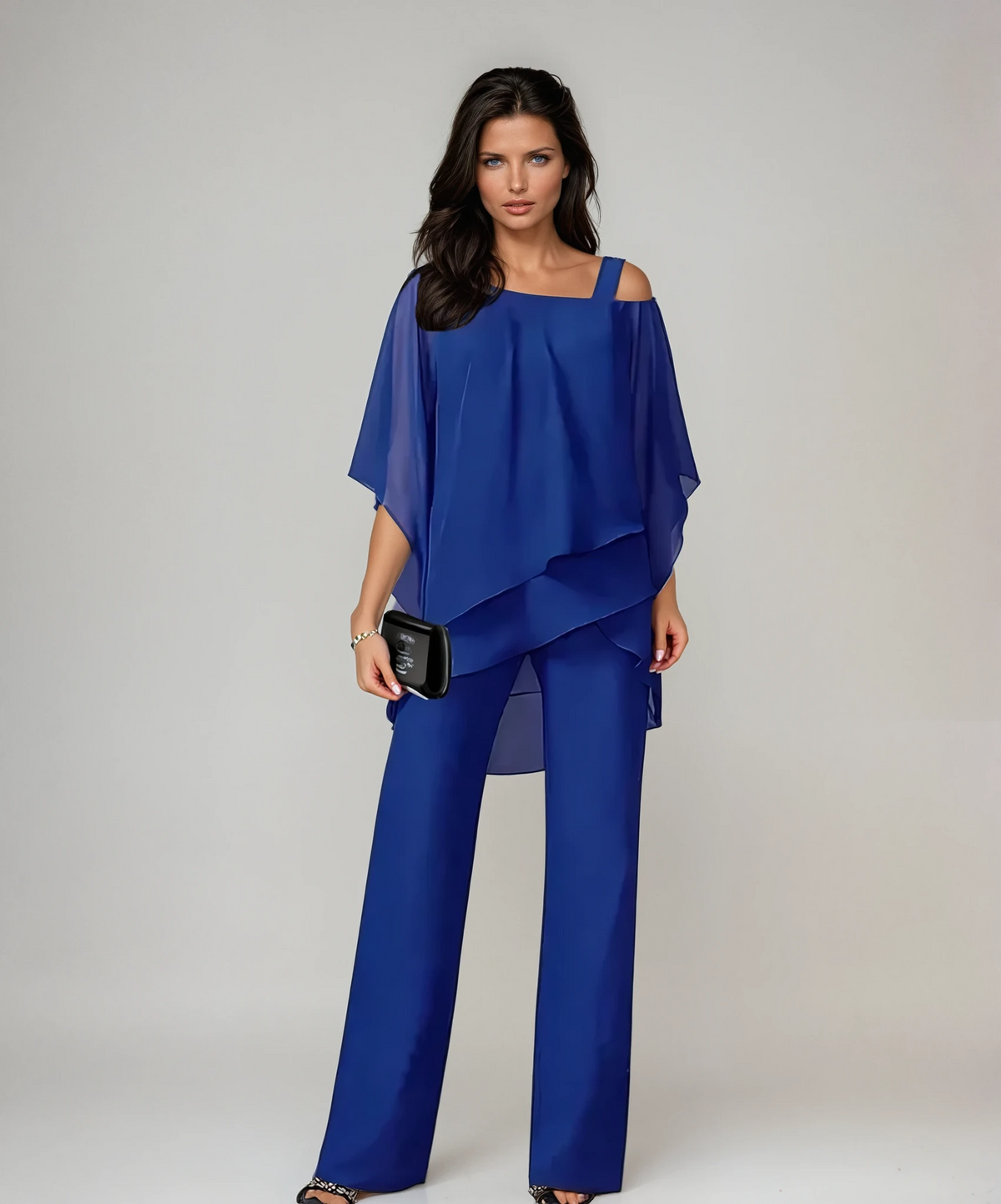 Women's Two Piece Pants Set with Asymmetric Layered Top | High Waist Wide Leg Trousers, Breathable Flowy Fabric | Size S-3XL