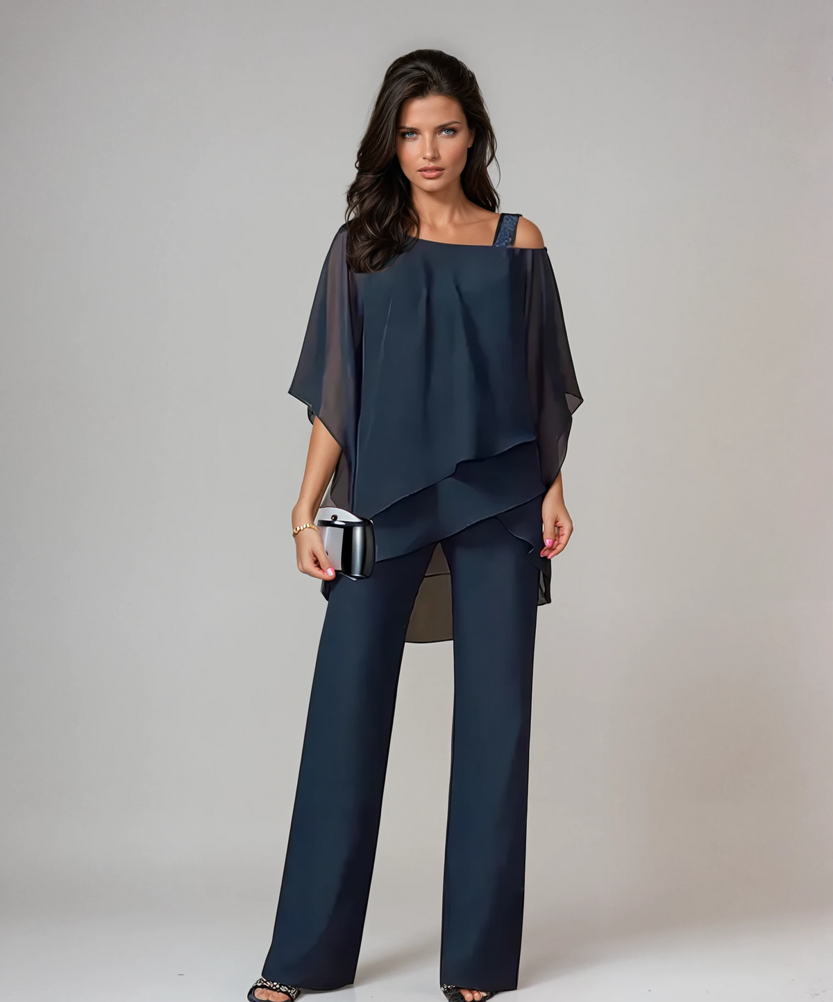 Women's Two Piece Pants Set with Asymmetric Layered Top | High Waist Wide Leg Trousers, Breathable Flowy Fabric | Size S-3XL
