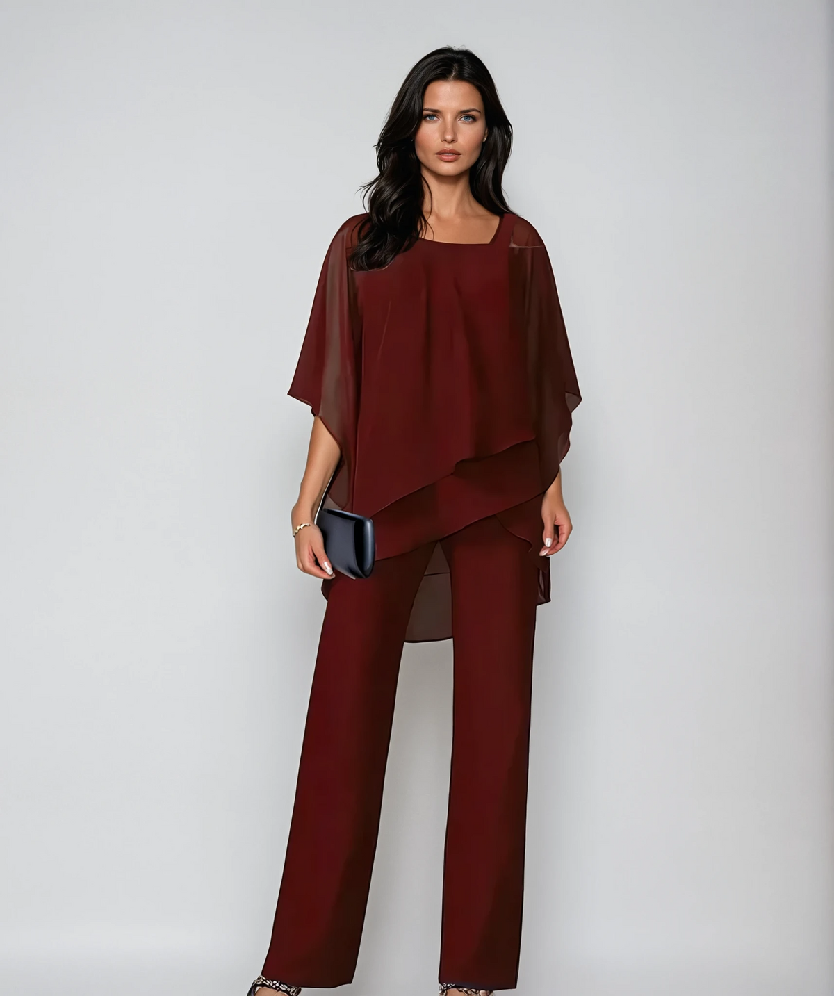 Women's Two Piece Pants Set with Asymmetric Layered Top | High Waist Wide Leg Trousers, Breathable Flowy Fabric | Size S-3XL