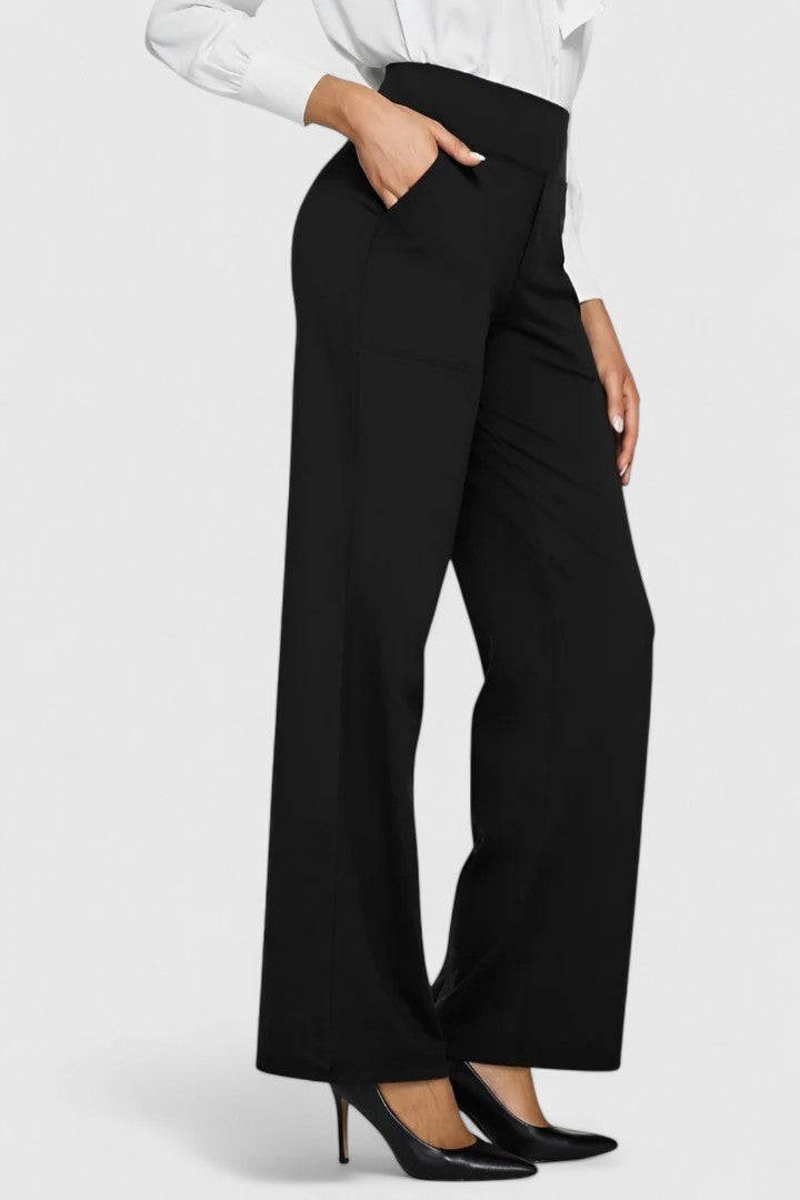 Women's Wide Waistband Pants with Deep Side Pockets | Slip-On Everyday Trousers without Buttons or Zipper | Size S-2XL