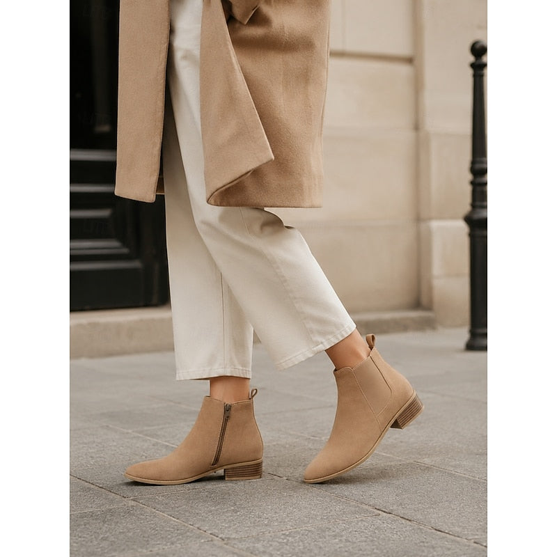 Women's Ankle Boots with Block Heel and Zip Closure | Size 6-10.5 | Khaki, Grey, Black, Dark Brown, Beige