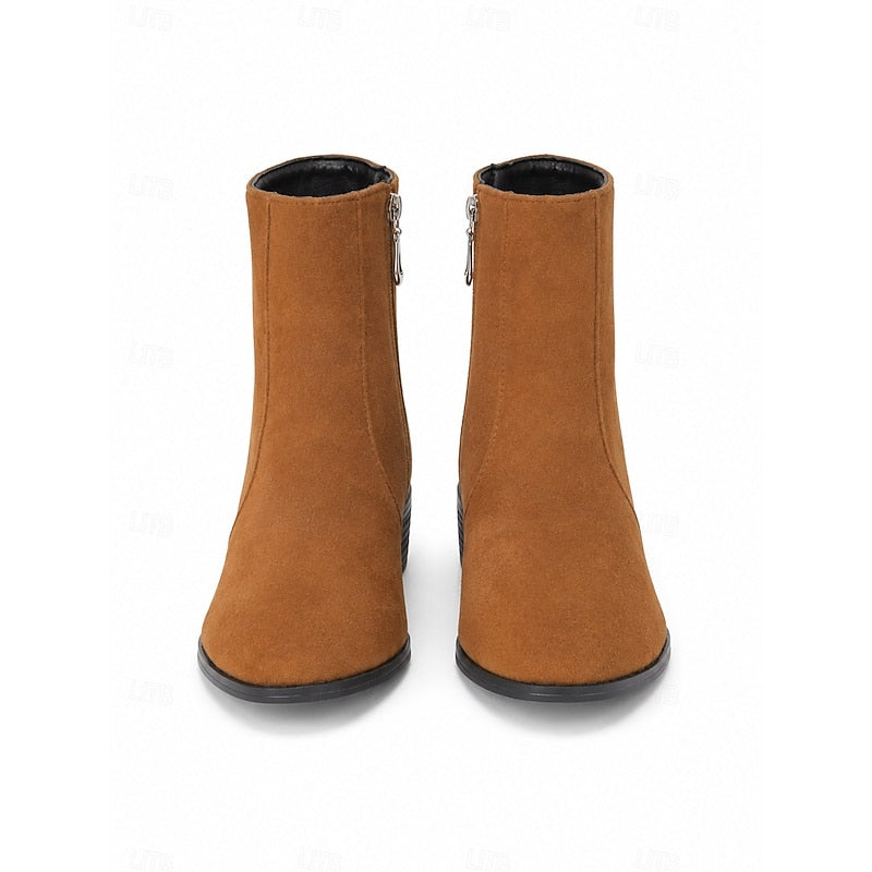 Women's Boots with Block Heel and Ankle Height | Zip Closure | Size 6-10.5 | Brown, Green, Black