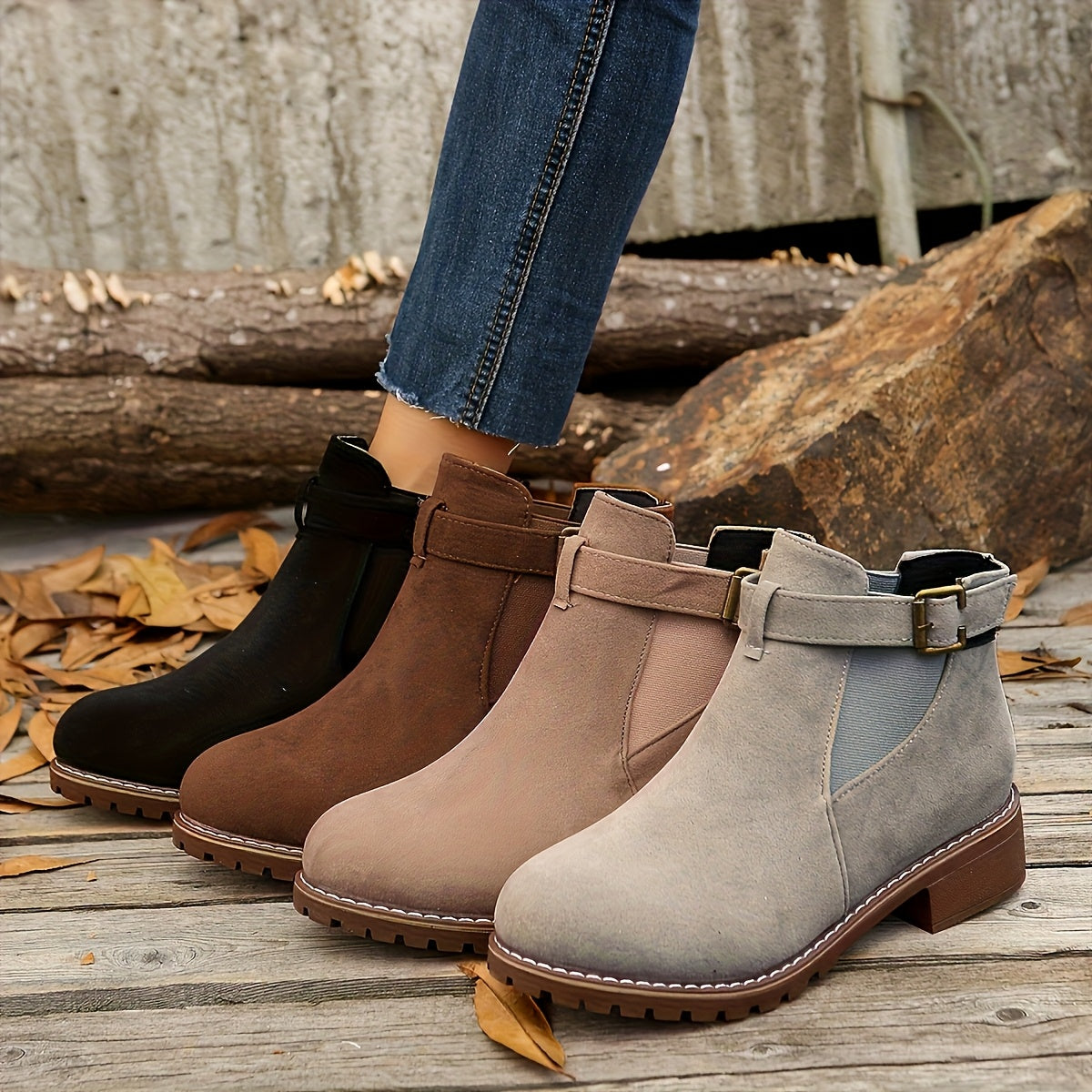 Women's Chelsea Ankle Boots with Block Heel | Buckle Detail, Chunky Lug Sole, Pull-On Elastic | Size 5.5-10.5