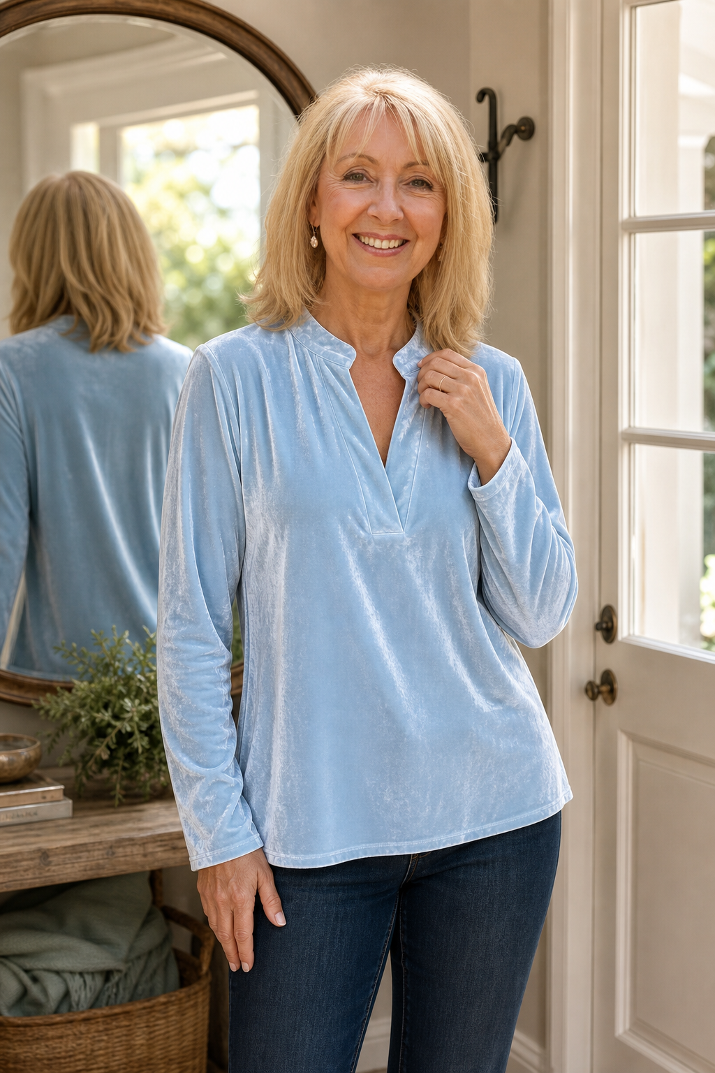Women's Velvet-Look V Neck Top | Split Neckline, Long Sleeve, Sits At The Hip | Sizes S to 3XL, 6 Colors