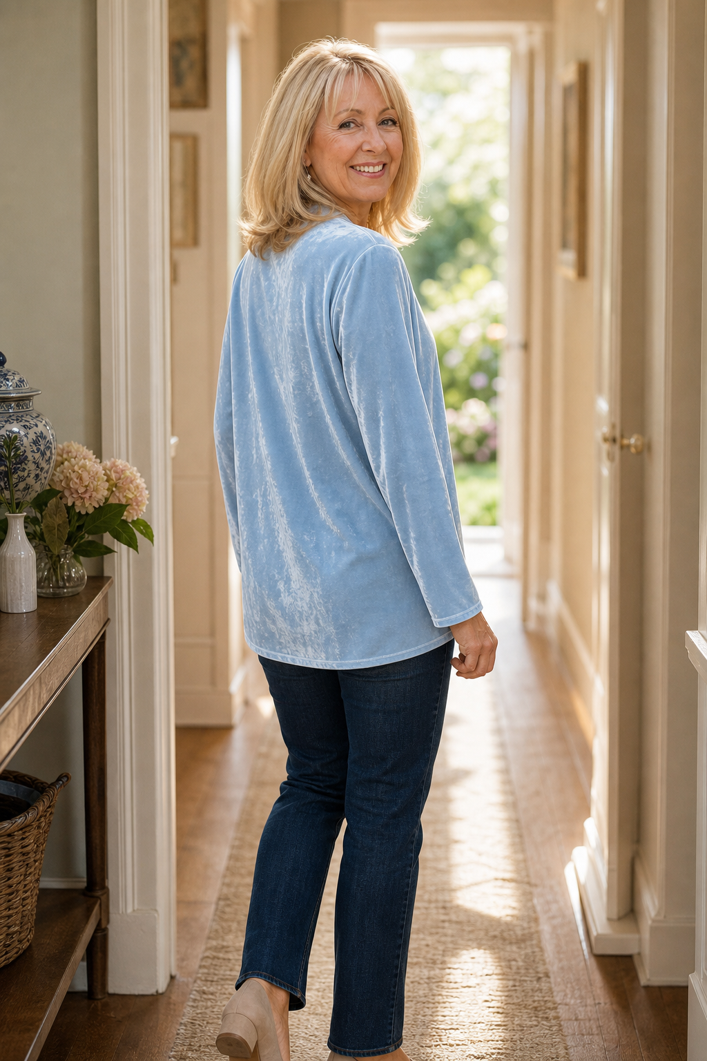 Women's Velvet-Look V Neck Top | Split Neckline, Long Sleeve, Sits At The Hip | Sizes S to 3XL, 6 Colors