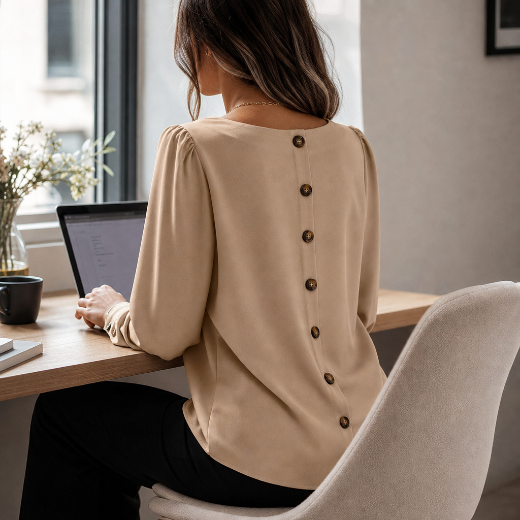 Women's Puff Sleeve Blouse in Lightweight Polyester | Round Neckline, Back Button Detail | Sizes S to 2XL, 4 Colors
