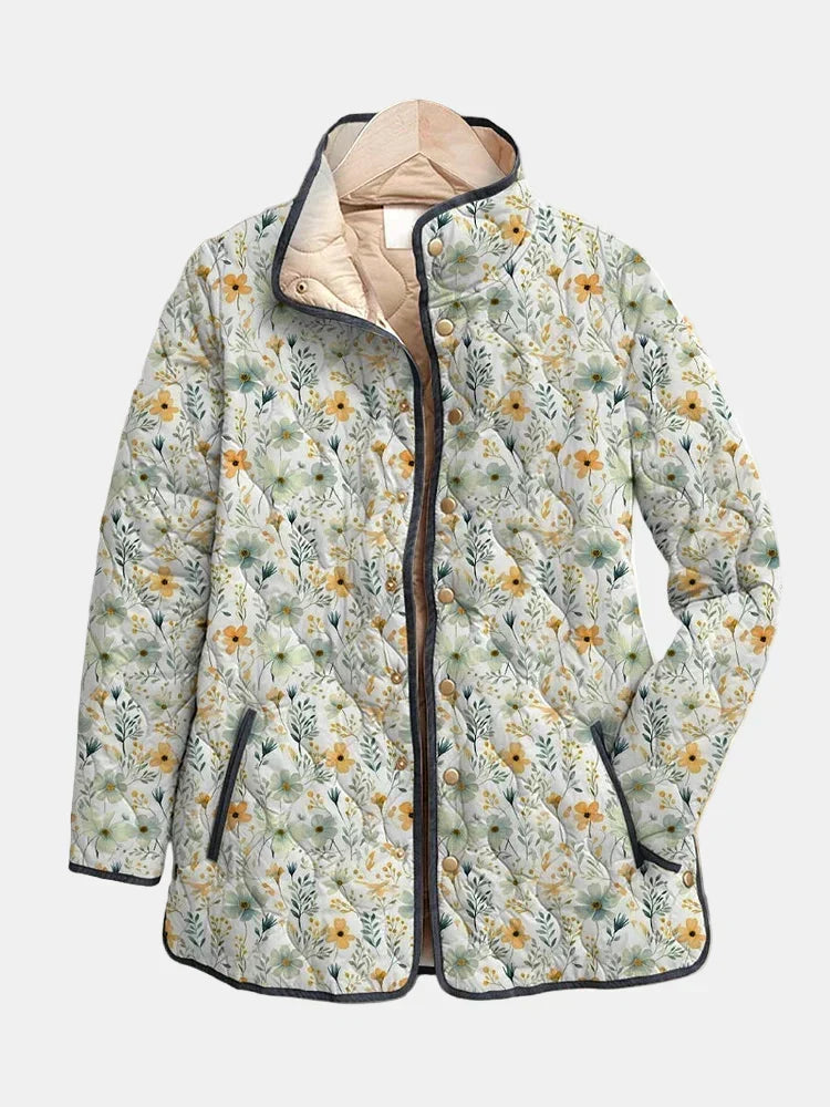 Women's Oversized Quilted Jacket with Cream Floral Print | Padded Zip Front Layer with Stand Collar | Size S-3XL