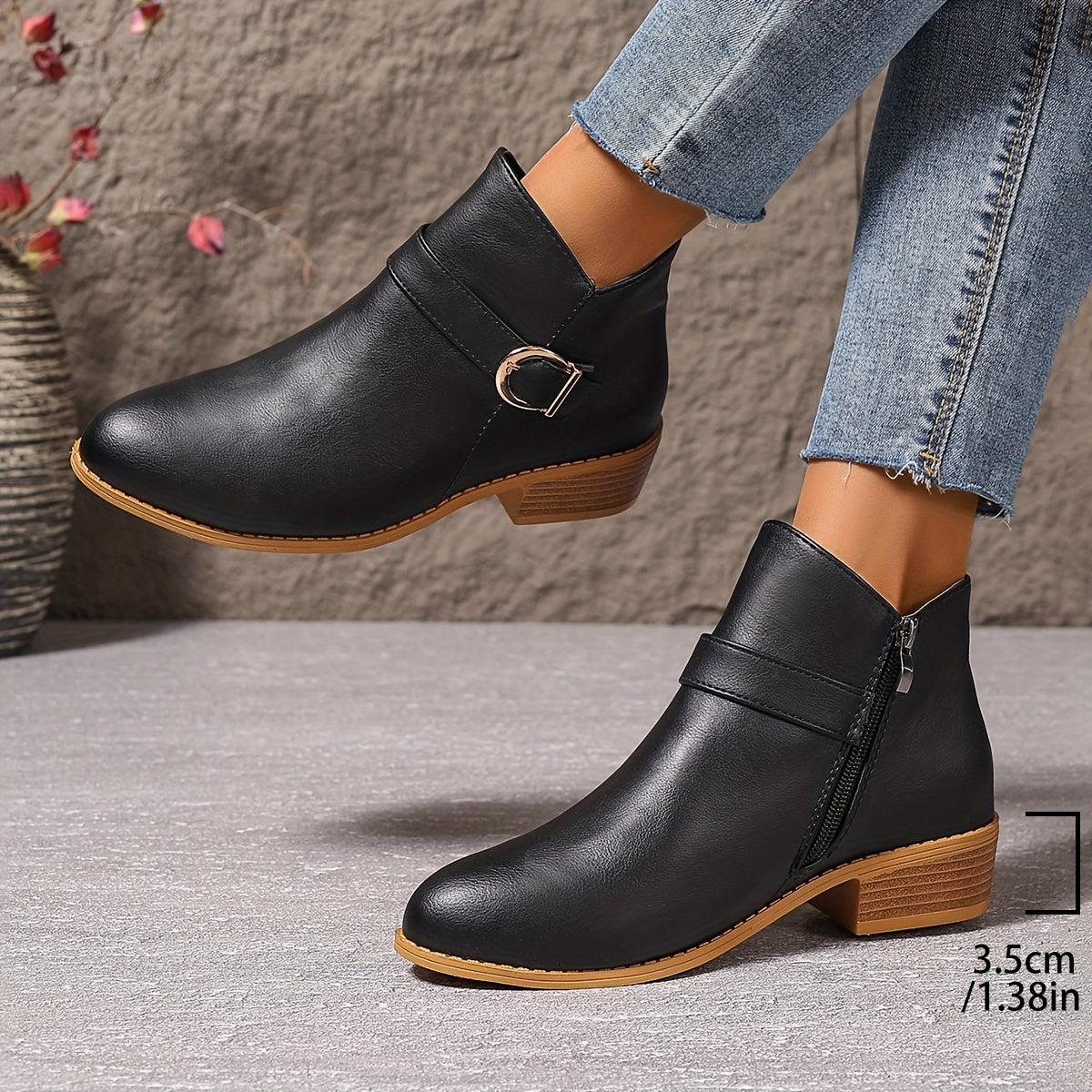 Women's Chelsea Ankle Boots with Wrap Around Buckle | Low Block Heel, Side Zip, Round Toe | Size 5.5-10.5