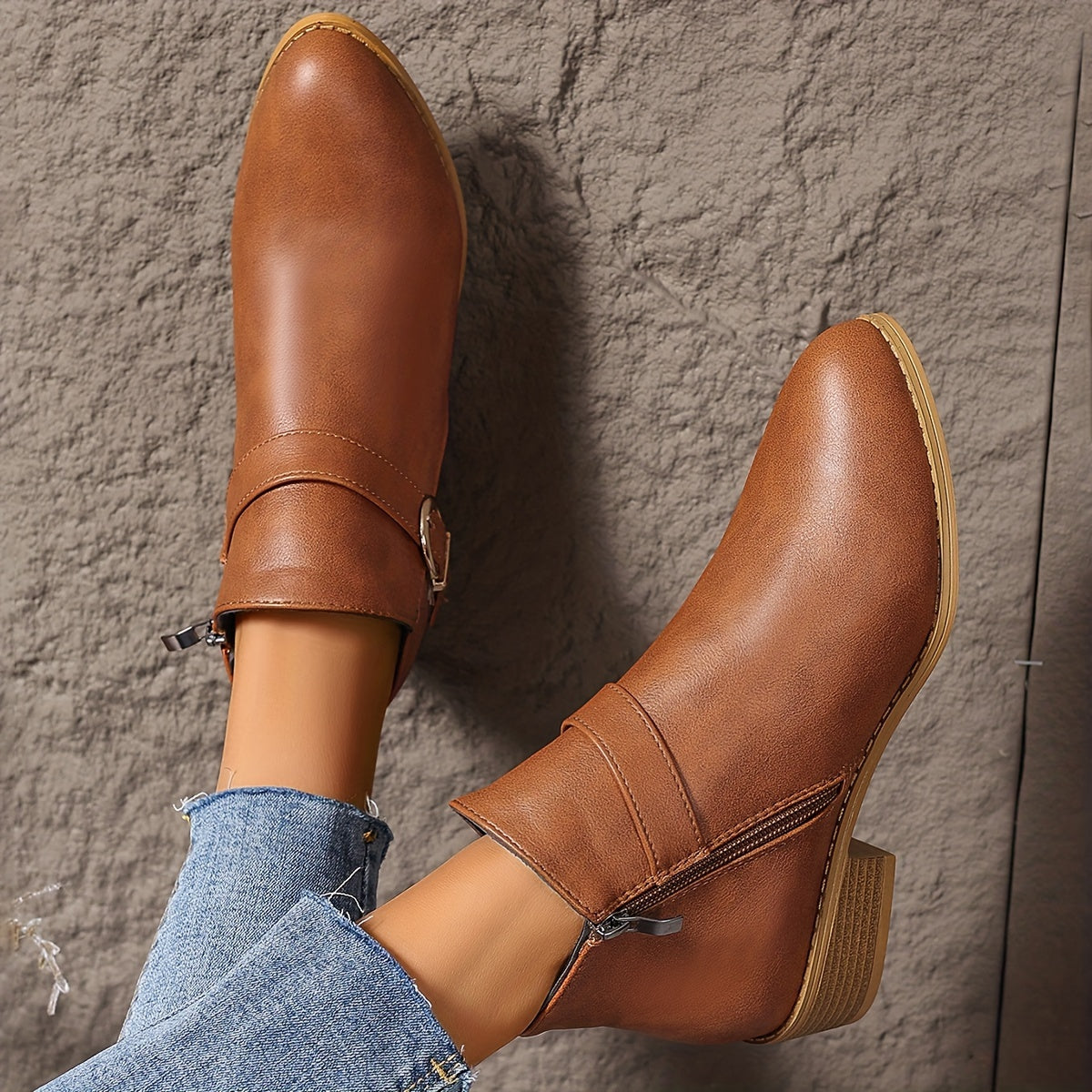 Women's Chelsea Ankle Boots with Wrap Around Buckle | Low Block Heel, Side Zip, Round Toe | Size 5.5-10.5