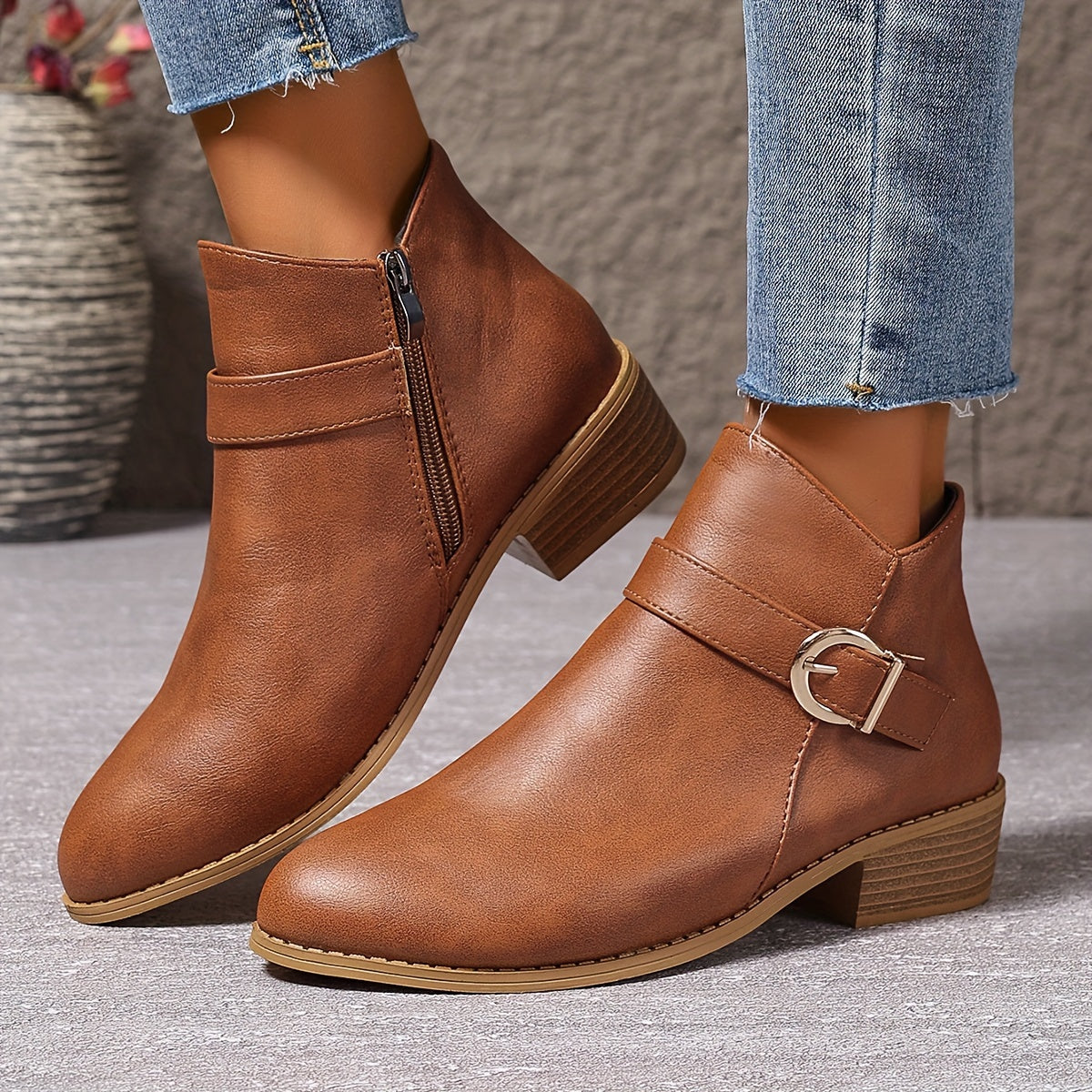 Women's Chelsea Ankle Boots with Wrap Around Buckle | Low Block Heel, Side Zip, Round Toe | Size 5.5-10.5