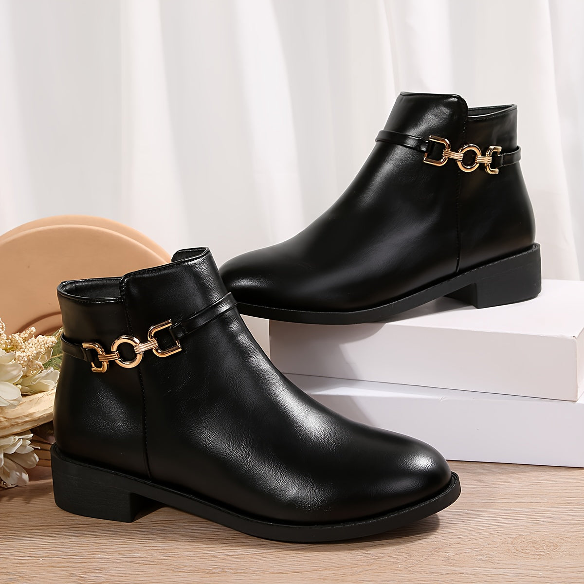 Women's Black Ankle Boots with a Gold Chain Strap | Side Zip Entry, Low Block Heel and a Round Toe | Size 5.5-10.5