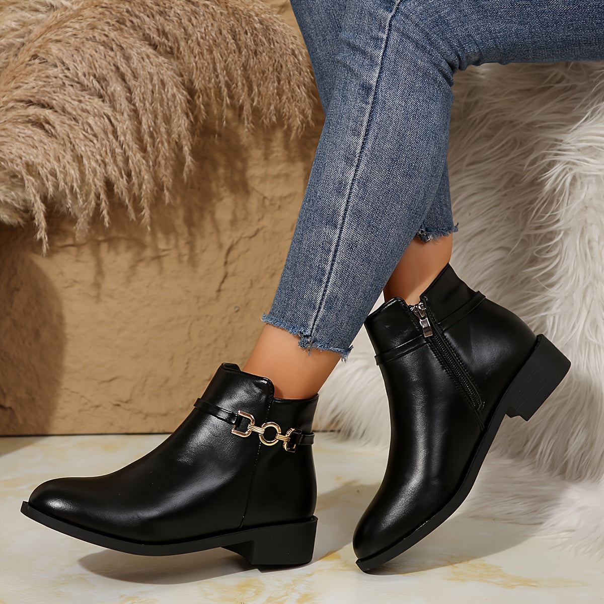 Women's Black Ankle Boots with a Gold Chain Strap | Side Zip Entry, Low Block Heel and a Round Toe | Size 5.5-10.5